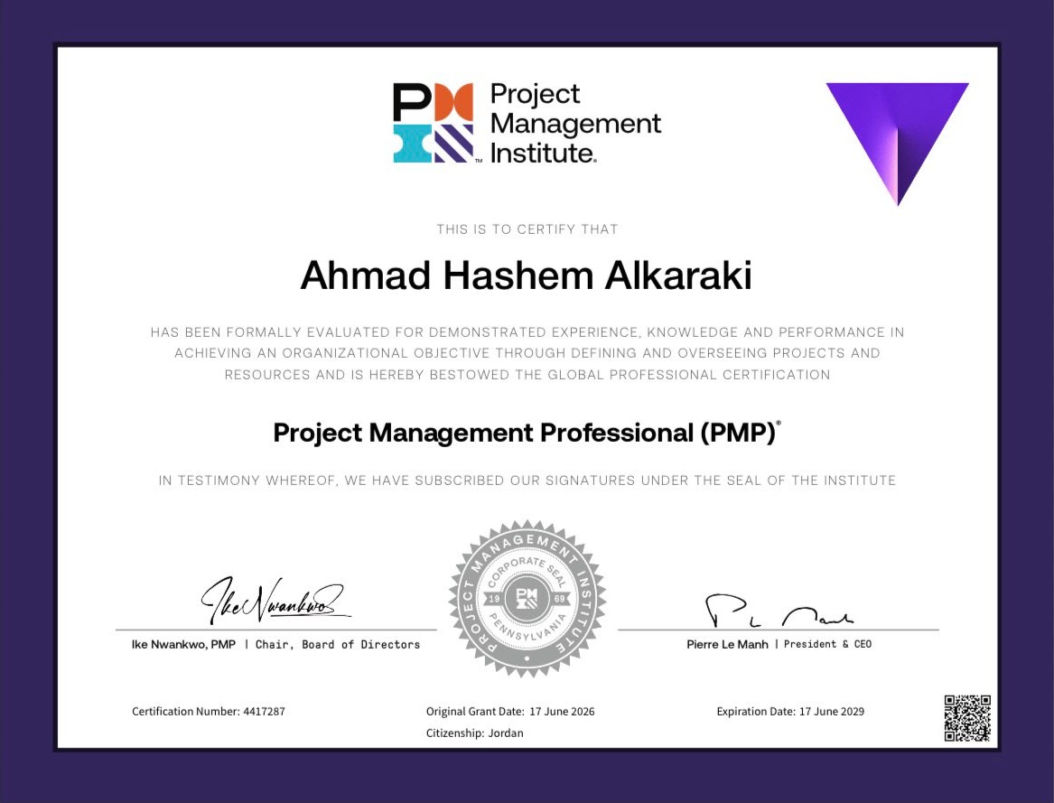 PMP Certificate — Ahmad Alkaraki